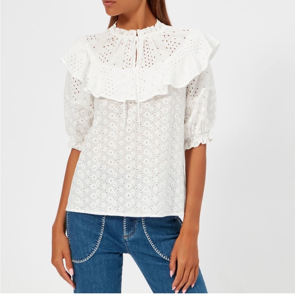 See By Chloé White Eyelet Ruffle Blouse